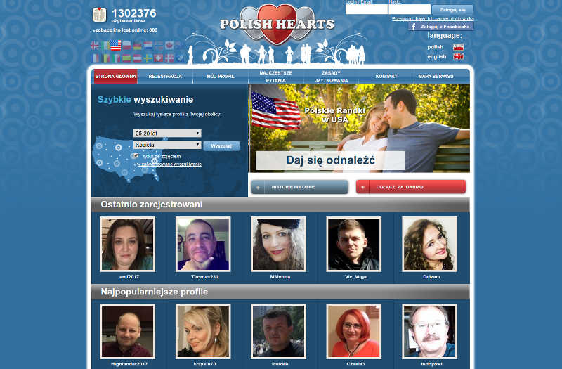 Widok strony randek dla Polaków w USA